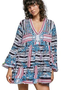 POL M Blue, Red & White V-Neck Tiered Mini Dress